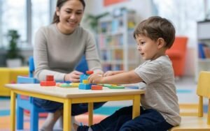 Parent and child practicing ABA therapy skills